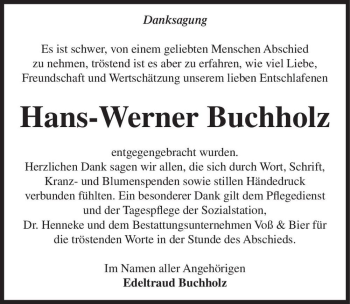 Traueranzeige von Hans-Werner Buchholz  von Magdeburger Volksstimme