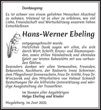 Traueranzeige von Hans-Werner Ebeling  von Magdeburger Volksstimme