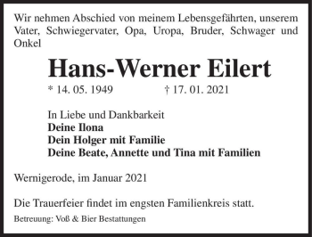 Traueranzeige von Hans-Werner Eilert  von Magdeburger Volksstimme
