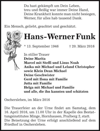 Traueranzeige von Hans-Werner Funk  von Magdeburger Volksstimme