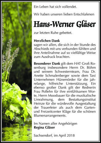 Traueranzeige von Hans-Werner Gläser  von Magdeburger Volksstimme