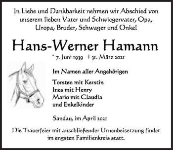 Traueranzeige von Hans-Werner Hamann  von Magdeburger Volksstimme