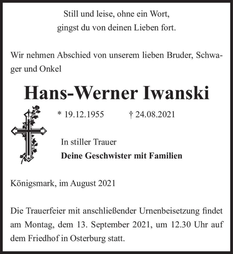 Traueranzeige für Hans-Werner Iwanski  vom 04.09.2021 aus Magdeburger Volksstimme