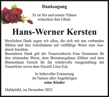 Traueranzeige von Hans-Werner Kersten  von Magdeburger Volksstimme