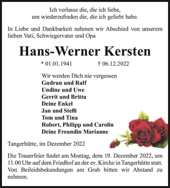 Traueranzeige von Hans-Werner Kersten  von Magdeburger Volksstimme