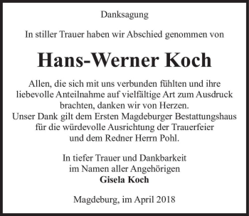 Traueranzeige von Hans-Werner Koch  von Magdeburger Volksstimme