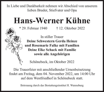 Traueranzeige von Hans-Werner Kühne  von Magdeburger Volksstimme