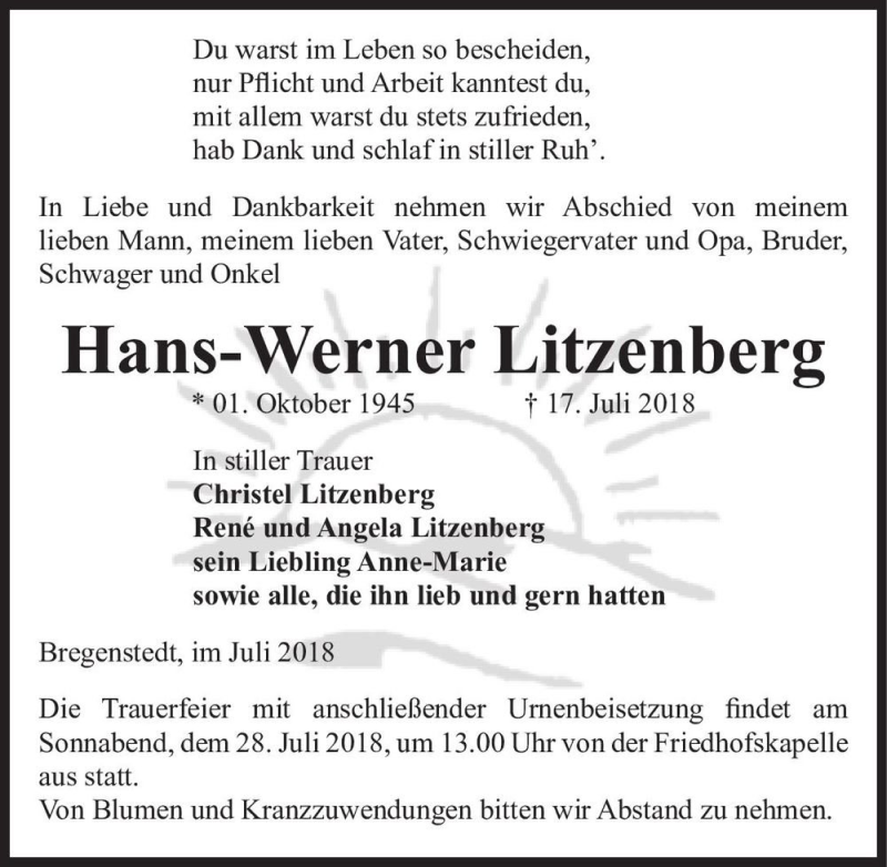  Traueranzeige für Hans-Werner Litzenberg  vom 20.07.2018 aus Magdeburger Volksstimme