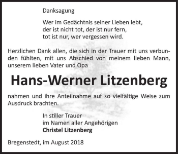 Traueranzeige von Hans-Werner Litzenberg  von Magdeburger Volksstimme