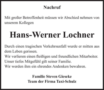 Traueranzeige von Hans-Werner Lochner  von Magdeburger Volksstimme