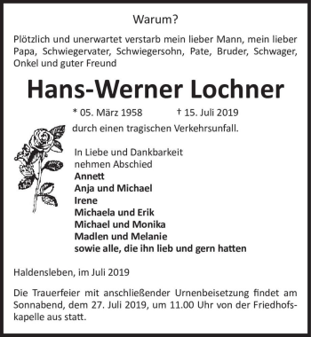Traueranzeige von Hans-Werner Lochner  von Magdeburger Volksstimme