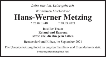 Traueranzeige von Hans-Werner Metzing  von Magdeburger Volksstimme