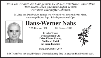 Traueranzeige von Hans-Werner Nabs  von Magdeburger Volksstimme