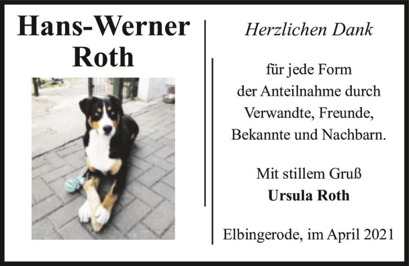  Traueranzeige für Hans-Werner Roth  vom 17.04.2021 aus Magdeburger Volksstimme