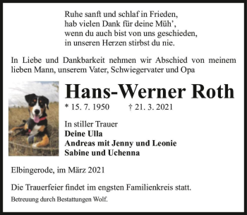 Traueranzeige von Hans-Werner Roth  von Magdeburger Volksstimme