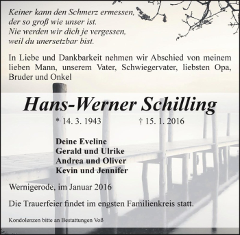 Traueranzeige von Hans-Werner Schilling  von Magdeburger Volksstimme