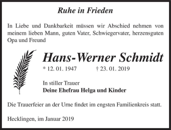 Traueranzeige von Hans-Werner Schmidt  von Magdeburger Volksstimme