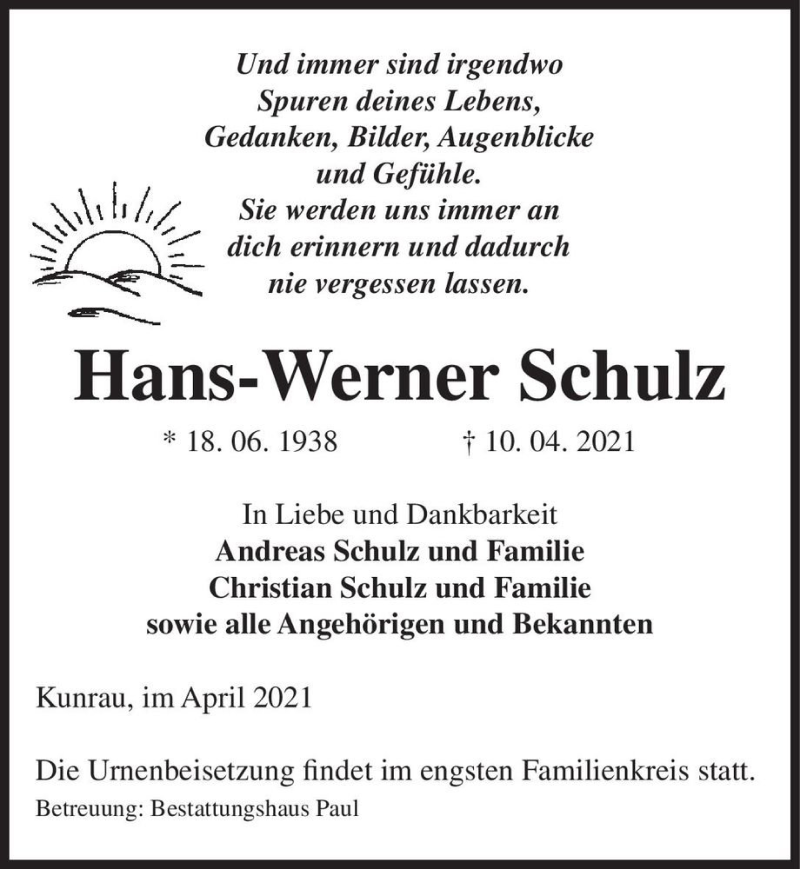  Traueranzeige für Hans-Werner Schulz  vom 16.04.2021 aus Magdeburger Volksstimme