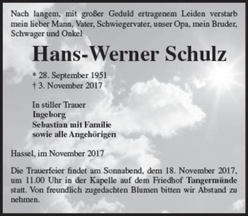 Traueranzeige von Hans-Werner Schulz  von Magdeburger Volksstimme