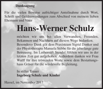 Traueranzeige von Hans-Werner Schulz  von Magdeburger Volksstimme