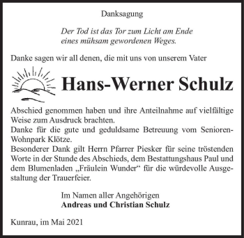 Traueranzeige von Hans-Werner Schulz  von Magdeburger Volksstimme