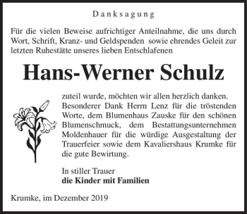 Traueranzeige von Hans-Werner Schulz  von Magdeburger Volksstimme