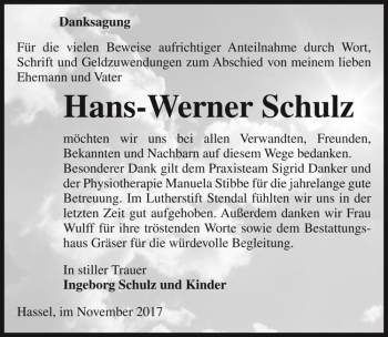 Traueranzeige von Hans-Werner Schulz  von Magdeburger Volksstimme