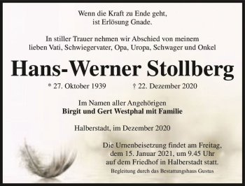 Traueranzeige von Hans-Werner Stollberg  von Magdeburger Volksstimme