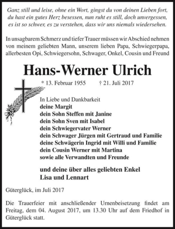 Traueranzeige von Hans-Werner Ulrich  von Magdeburger Volksstimme