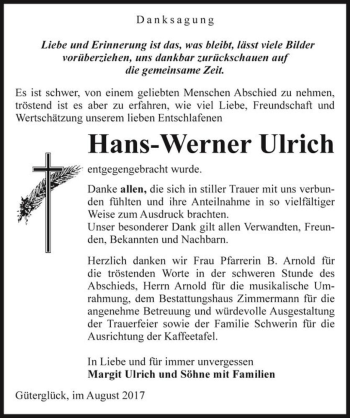 Traueranzeige von Hans-Werner Ulrich  von Magdeburger Volksstimme