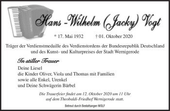 Traueranzeige von Hans-Wilhelm Vogt  von Magdeburger Volksstimme