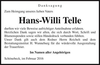 Traueranzeige von Hans-Willi Telle  von Magdeburger Volksstimme