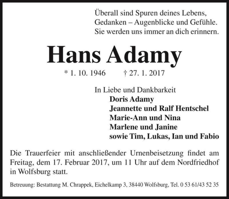  Traueranzeige für Hans Adamy  vom 01.02.2017 aus Magdeburger Volksstimme