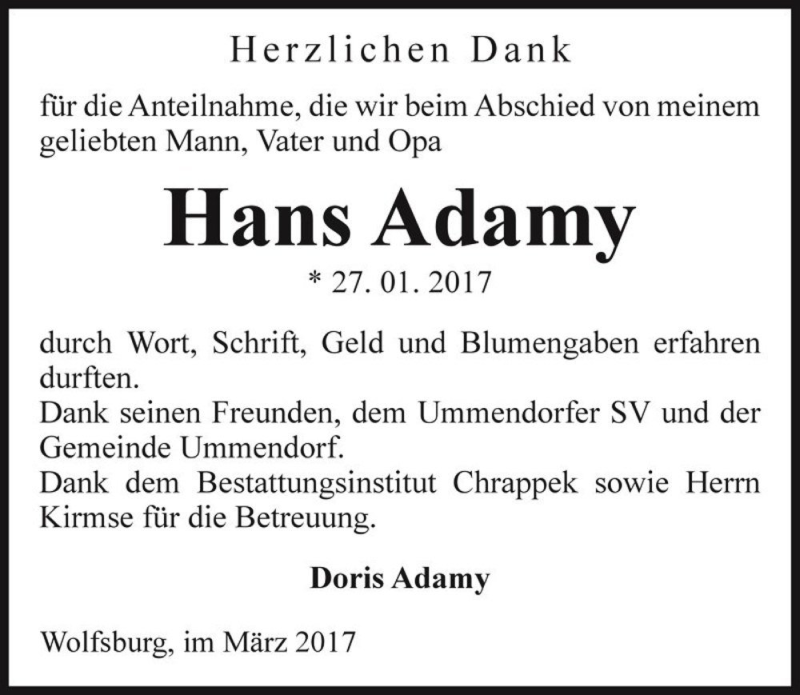  Traueranzeige für Hans Adamy  vom 04.03.2017 aus Magdeburger Volksstimme