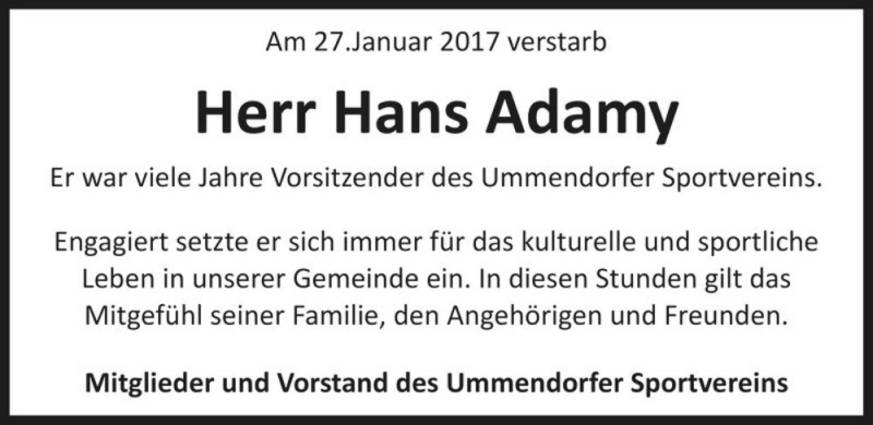  Traueranzeige für Hans Adamy  vom 07.02.2017 aus Magdeburger Volksstimme