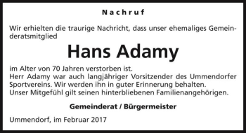 Traueranzeige von Hans Adamy  von Magdeburger Volksstimme