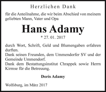 Traueranzeige von Hans Adamy  von Magdeburger Volksstimme