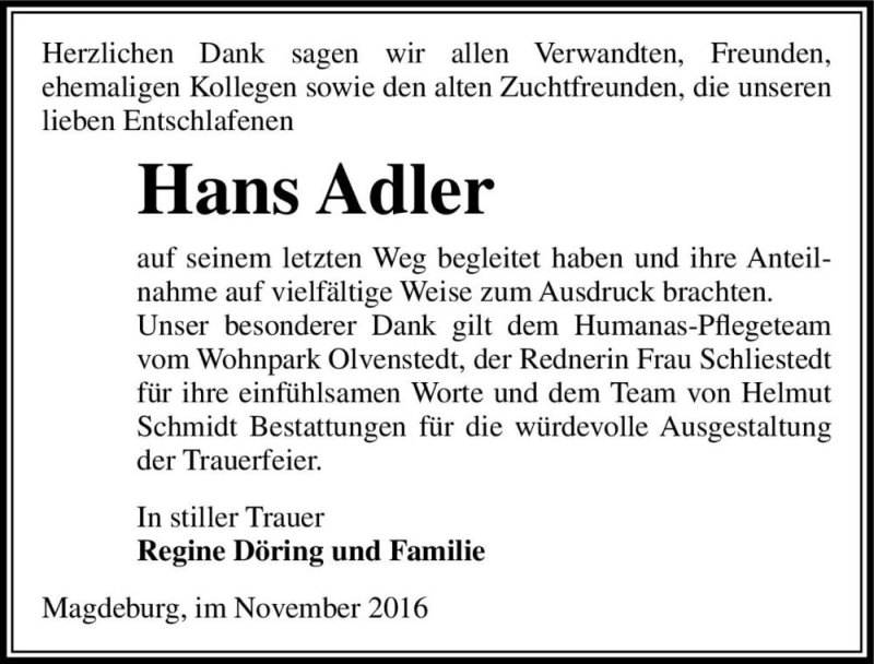  Traueranzeige für Hans Adler  vom 05.11.2016 aus Magdeburger Volksstimme