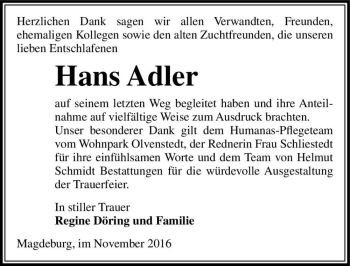 Traueranzeige von Hans Adler  von Magdeburger Volksstimme
