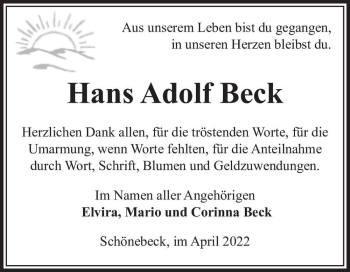 Traueranzeige von Hans Adolf Beck  von Magdeburger Volksstimme