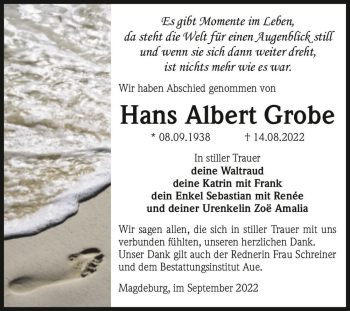 Traueranzeige von Hans Albert Grobe  von Magdeburger Volksstimme