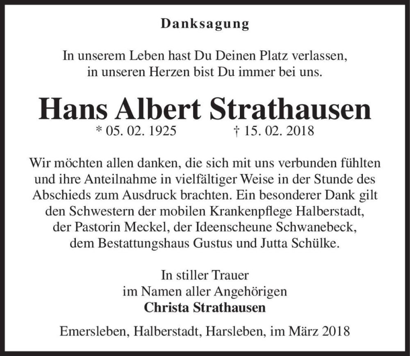 Traueranzeige für Hans Albert Strathausen  vom 10.03.2018 aus Magdeburger Volksstimme