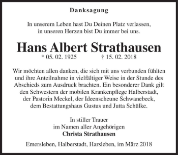 Traueranzeige von Hans Albert Strathausen  von Magdeburger Volksstimme