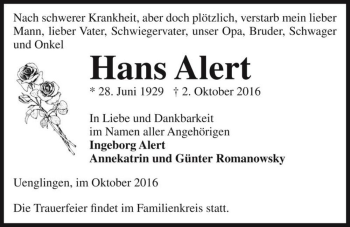 Traueranzeige von Hans Alert  von Magdeburger Volksstimme