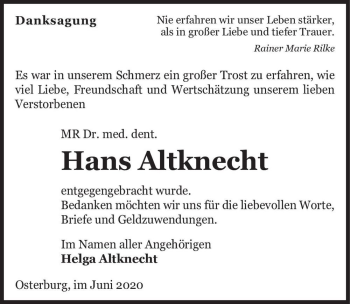 Traueranzeige von Hans Altknecht  von Magdeburger Volksstimme