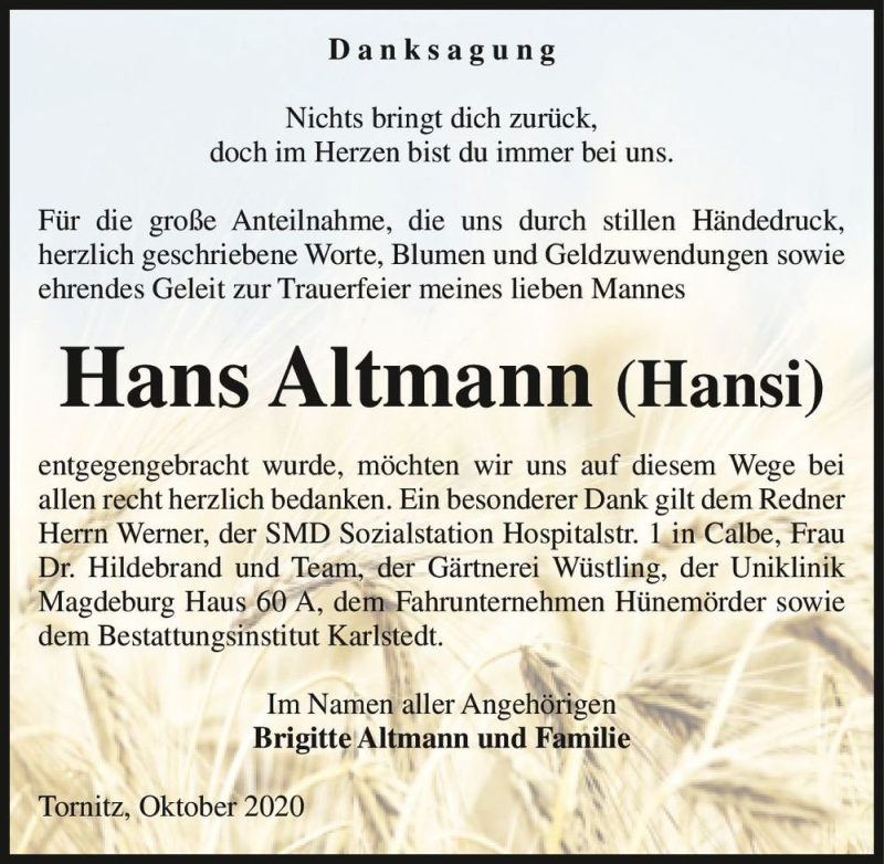  Traueranzeige für Hans Altmann 