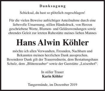 Traueranzeige von Hans Alwin Köhler  von Magdeburger Volksstimme