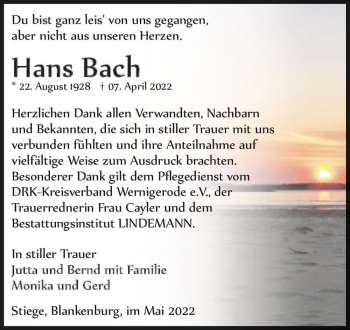 Traueranzeige von Hans Bach  von Magdeburger Volksstimme