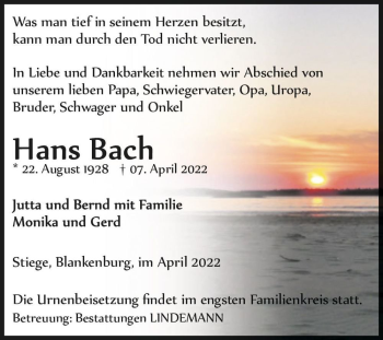Traueranzeige von Hans Bach  von Magdeburger Volksstimme