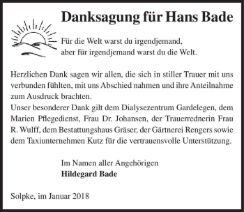 Traueranzeige von Hans Bade  von Magdeburger Volksstimme